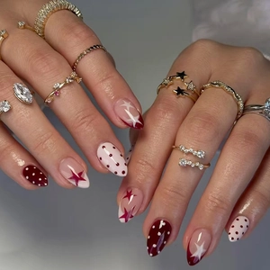 Press On Nails Sweet Pink French Style Star And Polka Dot Pattern Almond Shape Glossy Fake Nails ABS Plastic For Women