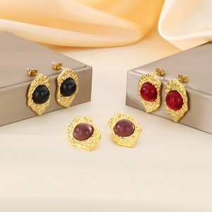 French vintage 18K gold plated irregular titanium steel earrings with cat eye stones