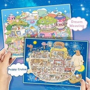 Detailed close-up of 2.5D PET stickers featuring fantasy treehouse and puppy cruise ship