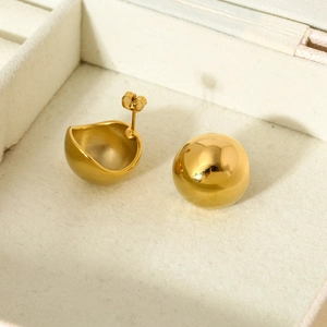 Polished 16K gold-plated stainless steel geometric dome stud earrings in a jewelry box