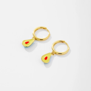 Detailed close-up of avocado drop earring with yellow-green enamel and S925 silver mark