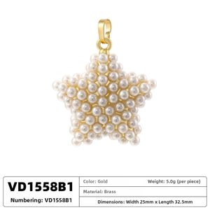 Detailed view of gold brass star pendant with white pearl inlay including size and weight