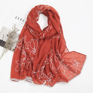 Terracotta linen cotton scarf with white floral print and lace edge for spring