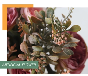 Close-up of artificial purple peony flowers with realistic buds and green silk leaves