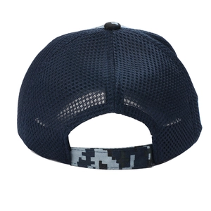 Navy blue breathable mesh baseball cap with USA flag embroidery and camo adjustable strap
