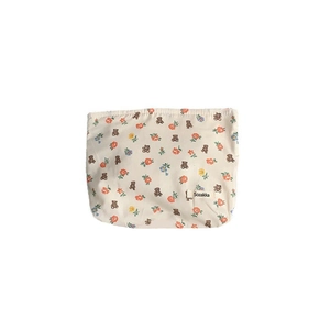 Floral cotton makeup bag with orange flowers and bears on off-white background