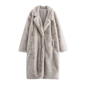 Manteau Long En Fausse Fourrure Pour Femmes Épais Chaud Revers Manches Longues Décontracté Élégant Hiver Couleur Unie
