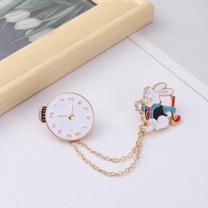 Alice in Wonderland white rabbit clock lapel pin set with gold chain and enamel detail