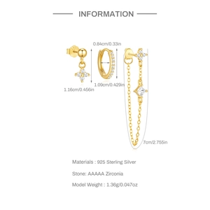 Detail view of gold S925 silver earring set with cubic zirconia and size measurements