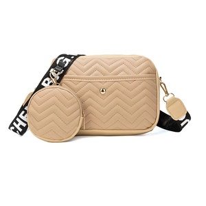 Trendy beige V-quilted camera bag with detachable coin purse and wide strap
