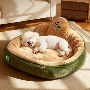 Green mountain-shaped plush pet bed with corduroy fabric and warm fleece for dogs