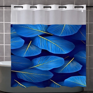 Detail of waffle weave shower curtain with blue feather print and metal ring headers