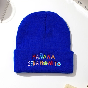 Close-up of royal blue knit beanie with colorful MAÑANA SERÁ BONITO embroidery detail