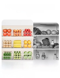 Transparent plastic fridge drawer organizer showing organized vs messy storage of fresh food