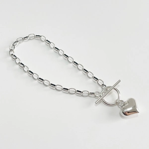 925 Sterling Silver Heart Pendant Bracelet Minimalist Oval Link Chain With Toggle Clasp