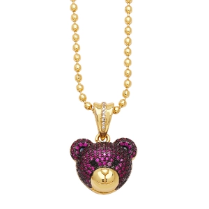 Collier pendentif ours mignon avec zircons violets et chaîne à billes dorée