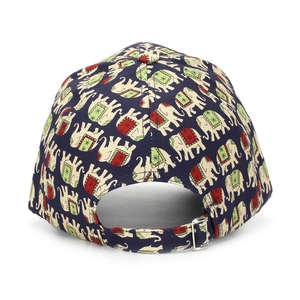 Detail of silver metal adjustable buckle on a navy blue elephant print baseball cap