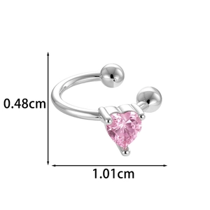 Elegant heart-shaped pink zircon ear cuff in silver finish with size measurements