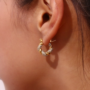 18K gold plated stainless steel twisted hoop earrings with zircon stones for women