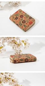 Macro detail of rectangle floral print cork wallet with secure zipper and elegant patterns