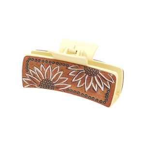 Western style cream hair claw clip with sunflower pattern and brown leather texture