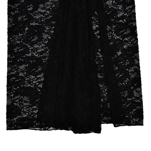 Close-up of black lace fabric with delicate floral patterns and intricate mesh texture