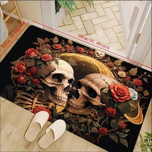 Detail of 80x50cm Halloween skull and red rose absorbent mat on wooden floor