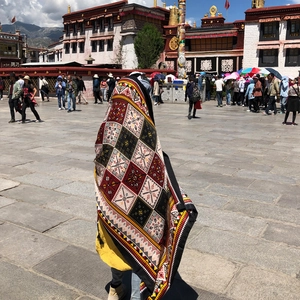 Ethnic geometric shawl with red and yellow patterns for beach and desert travel