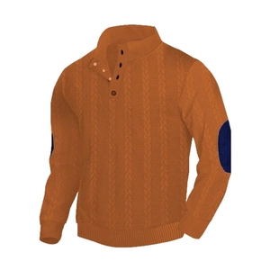 Men's mustard knit long sleeve sweatshirt with contrast elbow patches and buttoned collar