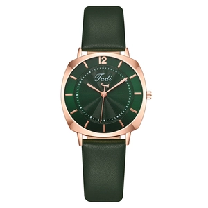 Fashionable women's quartz watch with dark green leather strap and rose gold square case