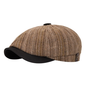 Vintage brown striped newsboy cap for men and women with black brim and metal button
