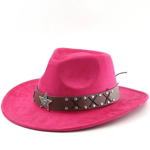 Western style magenta felt cowboy hat with silver star badge and studded brown leather strap