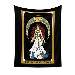 Bohemian tarot tapestry featuring the Goddess Freyja and Fortune wheel in black fabric
