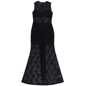 Detail of sheer lace texture and twisted waist design on black sleeveless maxi dress