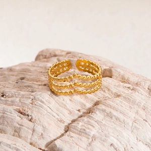 Three-layer 18K gold plated V-shaped stackable ring with beaded texture and open design