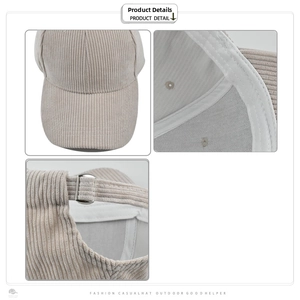 Detail of corduroy baseball cap texture, metal buckle, and breathable lining