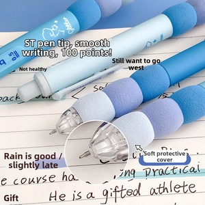 Close-up of 0.5mm ST tip gel pen featuring a thick soft sponge grip on a notebook