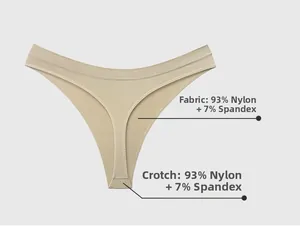 Detail view of seamless beige thong showing 93% nylon and 7% spandex fabric composition