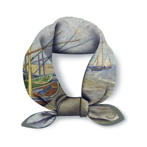 Detailed shot of silk scarf featuring Van Gogh fishing boats oil painting print pattern