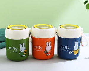 Detail of Miffy insulated soup cups with colorful carrying straps and clear lids