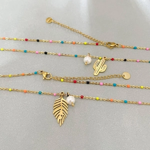 Gold stainless steel cactus and leaf necklace with colorful enamel beads and pearls