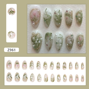 Elegant 24pcs almond press-on nails with 3D floral tulip patterns and pearl rhinestones