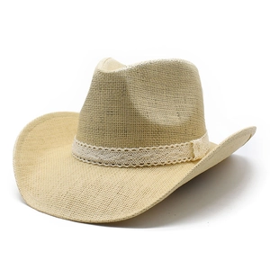 Classic straw cowboy sun hat for men in beige with decorative white lace band