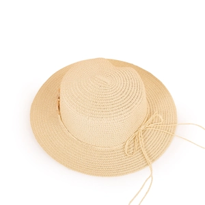 Detailed weave of flat top straw boater hat with ribbon bow and gold metal buckle