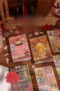 Detail of vintage scrapbooking stickers with glossy film effect and retro cafe theme