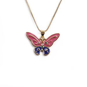 Golden butterfly pendant necklace with pink and blue enamel and colorful crystals