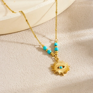 Vintage hollow irregular geometric eye pendant gold stainless steel necklace on stone tray