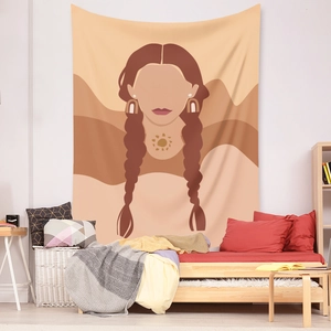Detail of bohemian tapestry featuring abstract female portrait in warm earth tones