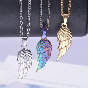 Three-color 18k plated wing pendant necklaces in gold, silver, and iridescent finishes