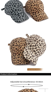 Detailed view of adjustable leopard print corduroy baseball caps in grey and brown